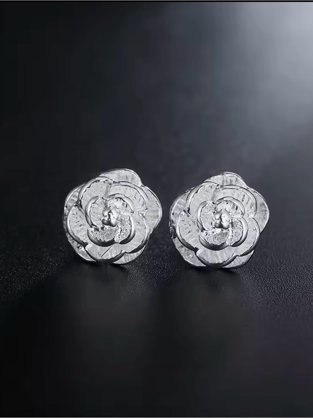 Sterling Silver Floral Stud Earrings - Silver Rose Design